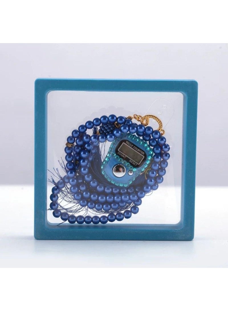 طقم سبحة مع عداد تسبيح إلكتروني – تصميم أنيق داخل بوكس هدايا ( ازرق ) - Image 1